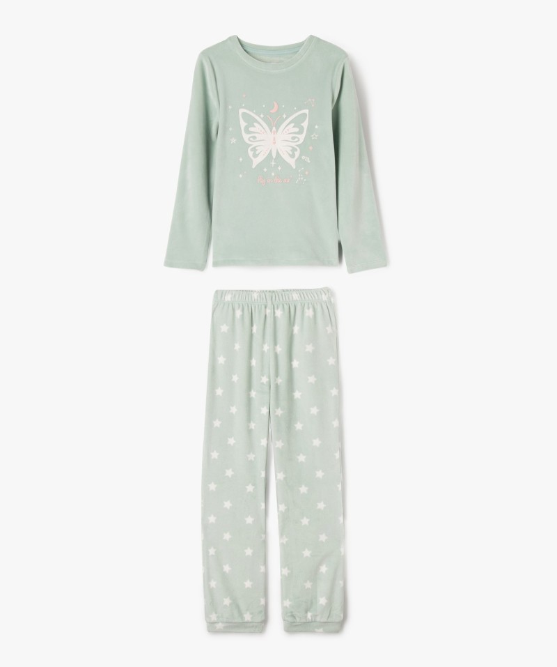 Pyjama en velours à motifs papillons et étoiles fille